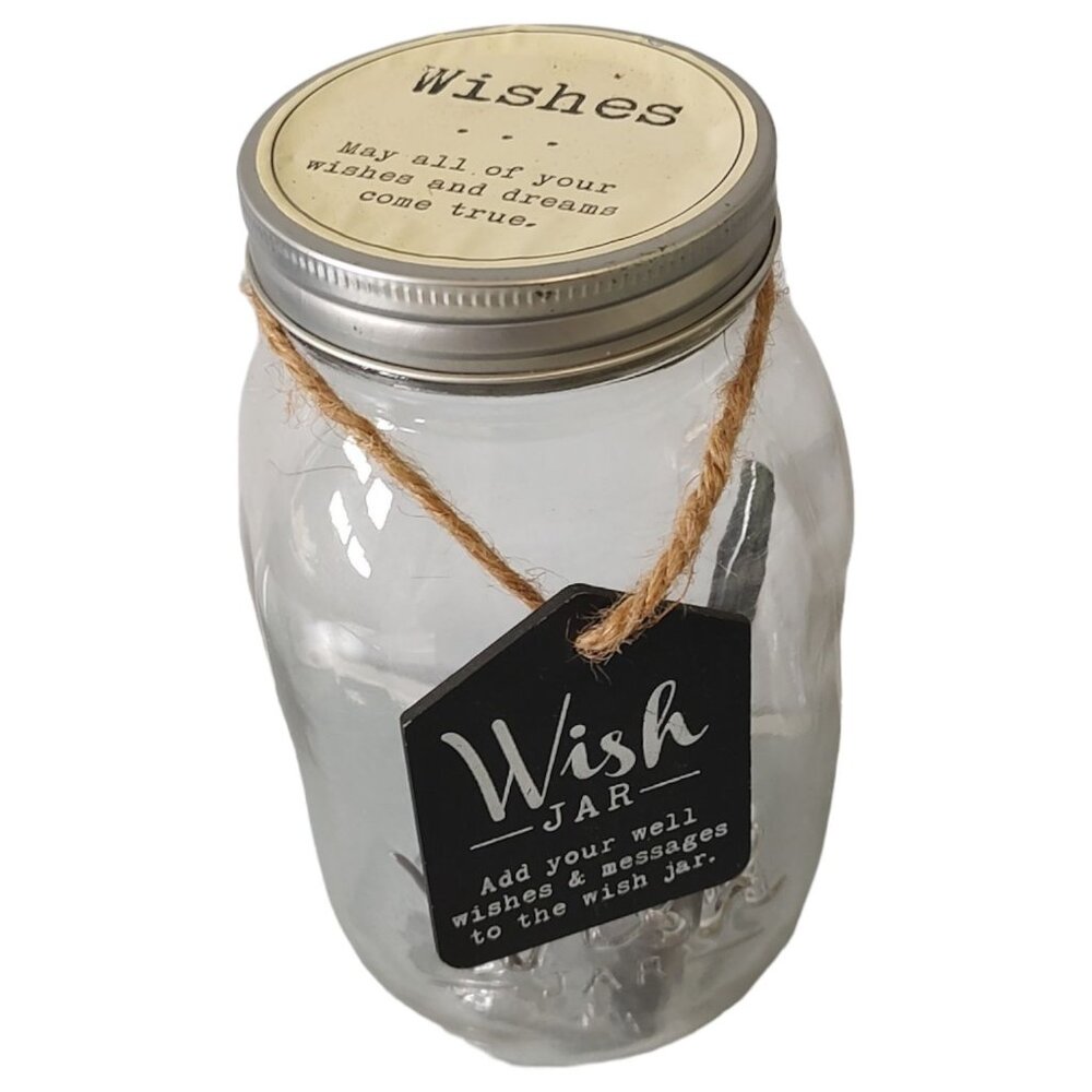 Wishes Glass Jar With Metal Lid & Twine Accent 14 Inches Wedding Decor